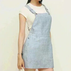 Reformation Darcie Linen Dress overalls, pinafore bib cornflower stripe size 12